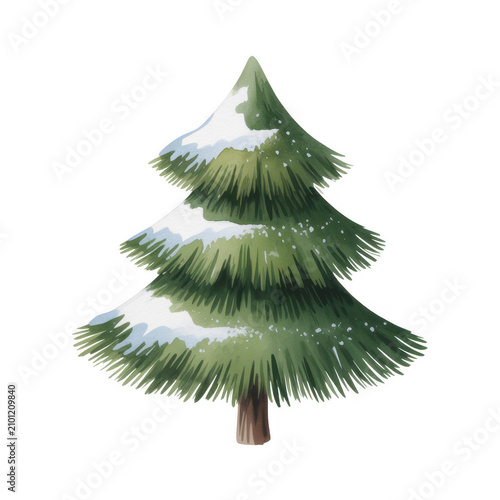 A digital illustration of a snow-covered pine tree on a black background