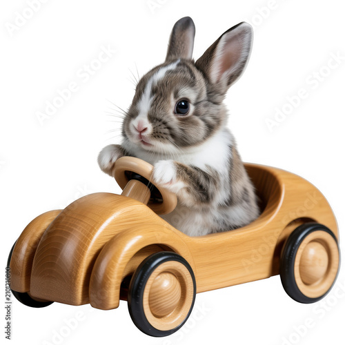 A cute rabbit sitting in a wooden toy car on a black background
