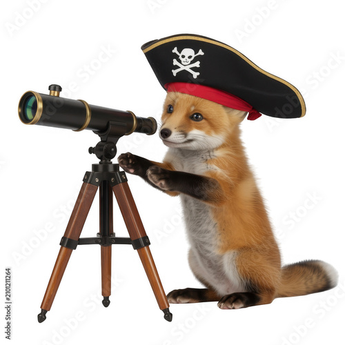 A curious fox in a pirate hat looks through a telescope
