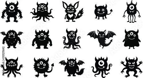 Konstfotografi Collection of Silhouettes of Various Cute and Spooky Monsters in Flat Design Vec