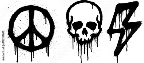 Black Graffiti Peace Skull and Lightning Bolt Icons with Paint Drips