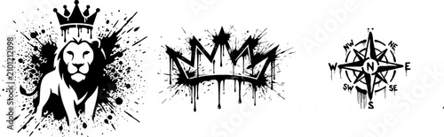 Urban graffiti style lion crown and compass illustrations set