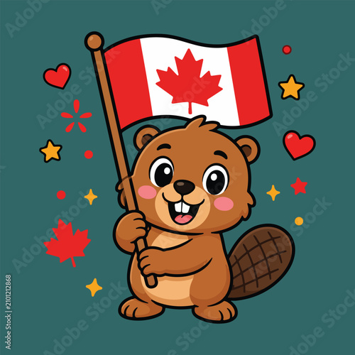 Cute Beaver Holding Canadian Flag Cartoon Flat Vector Illustration Kawaii Canada Mascot for Stickers, T-Shirts and Merchandise