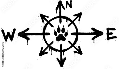 Graffiti Compass Rose with Animal Paw Print and Dripping Paint