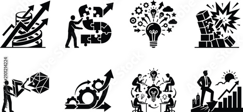 Business innovation and agile development vector glyph icons set for corporate startup growth and problem solving