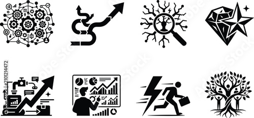 Business optimization and strategic transformation icon set with market analytics growth and corporate core value symbols