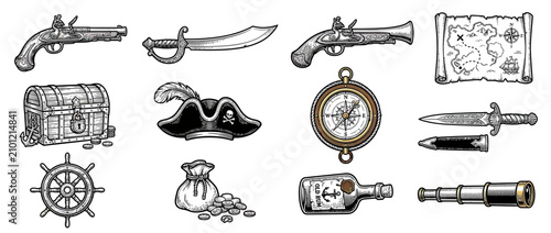 Bild auf Leinwand Vintage Pirate Adventure Icons Set