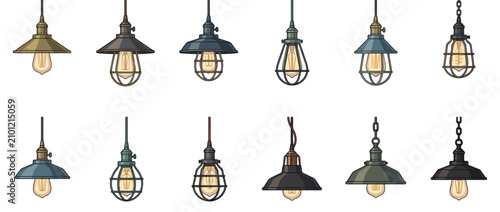 Cuadro en lienzo Collection of vintage industrial pendant light fixtures