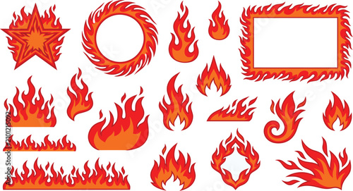 Fire flame vector set isolated on white background with decorative shapes and borders for graphic design and burning effects