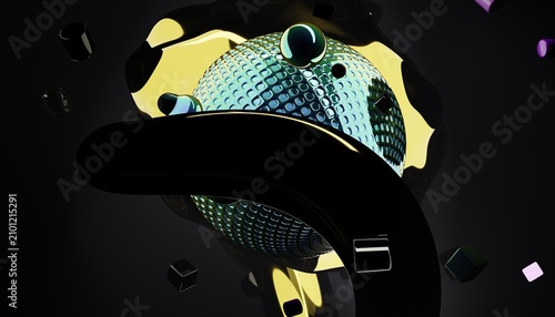 Foto Iridescent sphere encased by dark flowing metallic ribbons