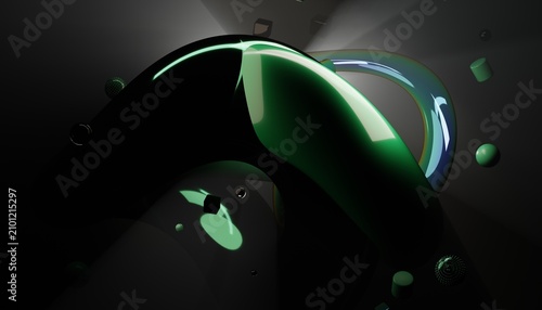 Konstfotografi Luminous emerald curvature suspended in dark void space