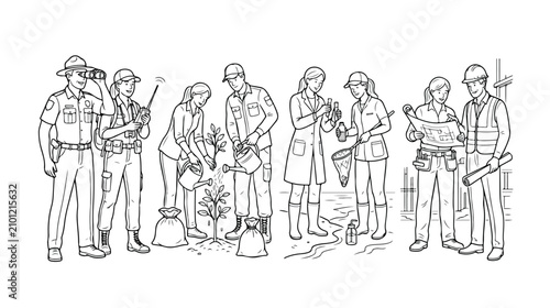 Fotografía Professional environmental workers and conservationists line art, diverse team o