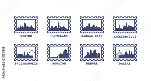 Set of USA cities stamps with iconic skylines. Silhouettes of Boston, Cleveland, Kansas, Jacksonville, Indianapolis, Houston, Denver, Dallas. Clip art, icon bundle for travel designs, postcards