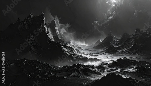 A monochrome panorama of stormy, mountainous landscape with dramatic lighting