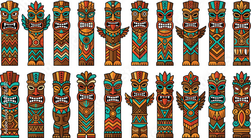 Foto Traditional Hawaiian Tiki Totem Pole Vector Set with Colorful Tribal Masks and C