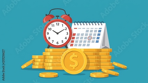 Alarm clock and calendar on gold coin stacks for financial planning