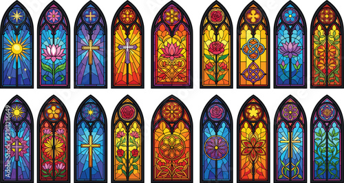 Foto Gothic Stained Glass Church Window Vector Set with Crosses Lotus Flowers and Sun