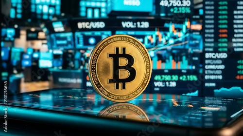 Golden bitcoin balanced on a smartphone with trading data screens