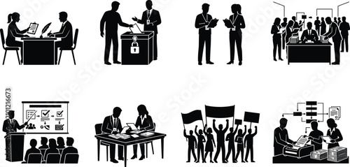 Democratic election and political voting icon set with citizen protest and campaign speech presentation symbols