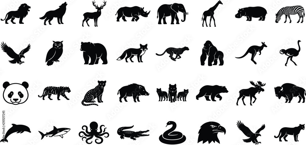 Fototapeta premium Wild Animal and Zoo Wildlife Silhouette Icon Set Featuring Safari Creatures and Marine Species for Nature Graphic Designs, Websites, and Educational Projects
