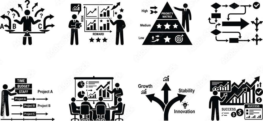 Fototapeta premium Strategic decision making and business project management icon set with risk reward matrix and process flowchart symbols
