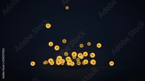 Gold dollar coins raining down and stacking into a pile animation with money and wealth