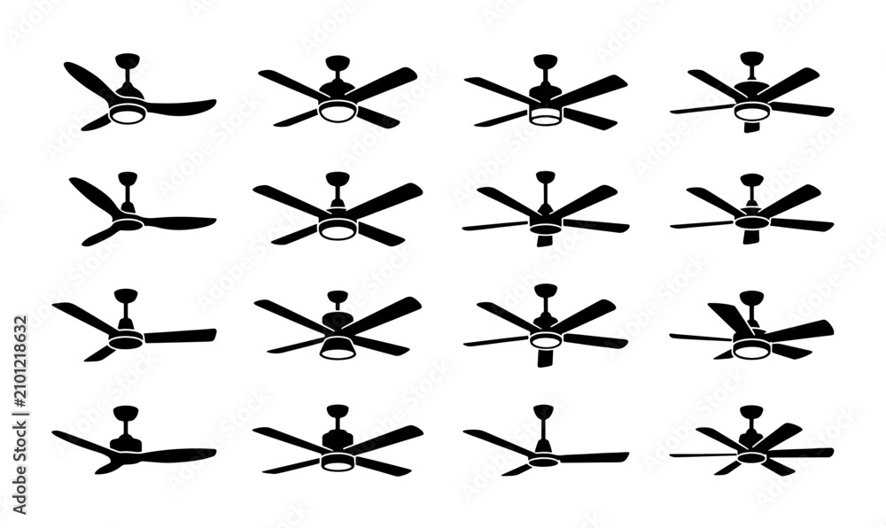 Fototapeta premium Modern Ceiling Fan Icons Set, Contemporary Air Circulation Devices, Sleek Ventilation Equipment, 16 Vector Elements for Home and Office Design