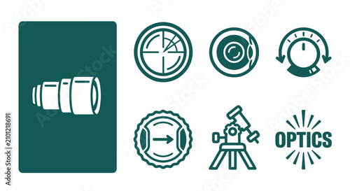Konstfotografi Minimalist dark teal telescope lens icon set featuring objective, eyepiece, focus, lens cap, and tripod mount