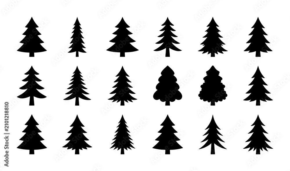Obraz premium Diverse Fir Tree Silhouettes Vector Set, Evergreen Conifer Icons for Winter Holidays, Nature and Forest Graphics