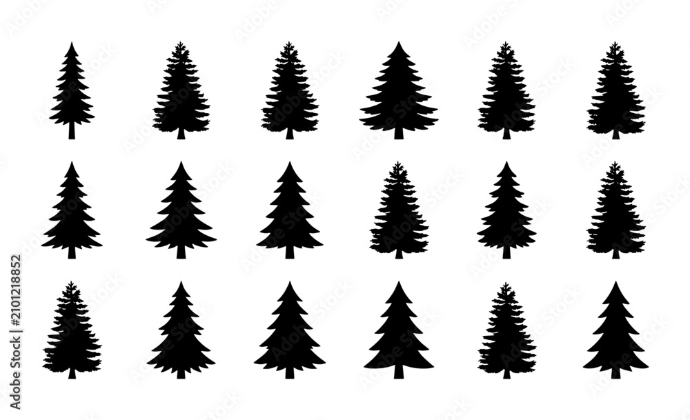 Fototapeta premium Set of 15 Black Silhouette Christmas Trees, Pine Conifer Forest Icons, Evergreen Woodland Vector Graphics for Winter Holiday Design