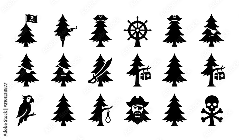 Fototapeta premium Pirate Christmas Tree Icons, Nautical Holiday Vector Set, Black Silhouette Symbols for Festive Adventure and Maritime Themes