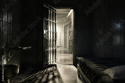 Open prison cell door with light streaming into the dark interior.