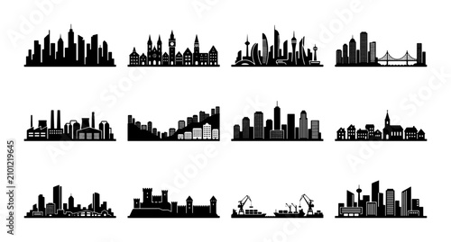 Cuadro en lienzo Diverse Cityscape Silhouettes, Urban Skylines Collection, Modern Architecture Ve