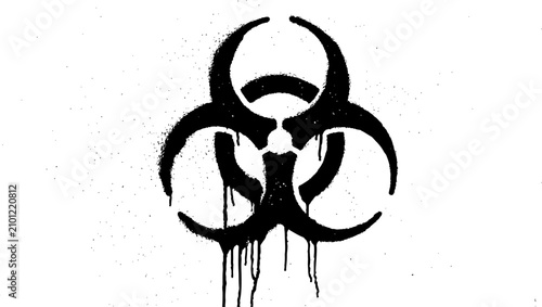Biohazard symbol stencil with dripping spray paint on white background