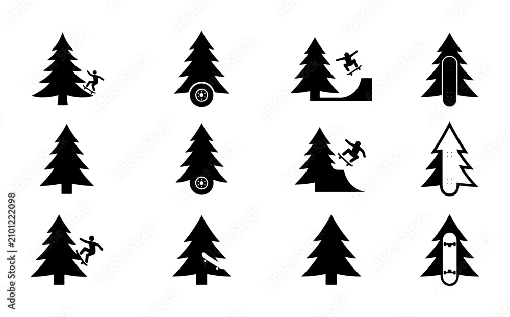 Obraz premium Skateboarding Tree Icons Set, Winter Sports Vector Graphics, Extreme Activity Symbols, Black and White Silhouette Collection