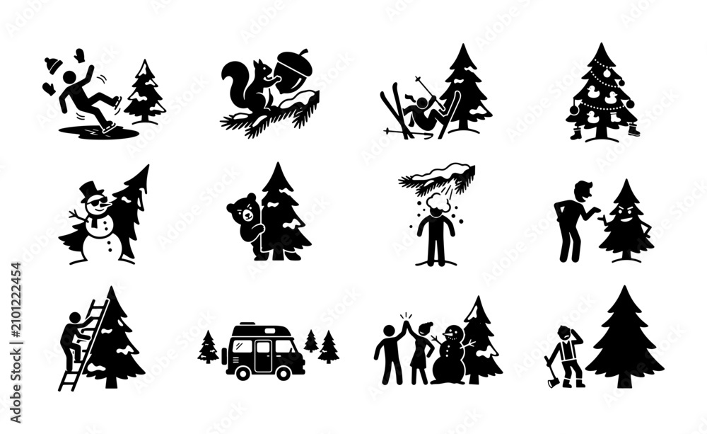 Fototapeta premium Winter Holiday Scenes, Christmas Tree Decorating, Snow Activities, Festive Family Moments, Vector Icons Set