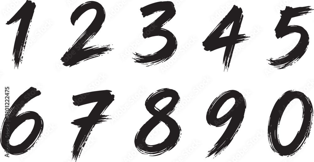 Obraz premium Hand drawn brush stroke numbers set with artistic grunge numeral typography collection from zero to nine isolated outline vector 