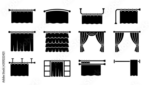 Obraz na plátne 12 Curtain Icons Set, Window Drapes Vector Collection, Drapery Styles, Home Deco