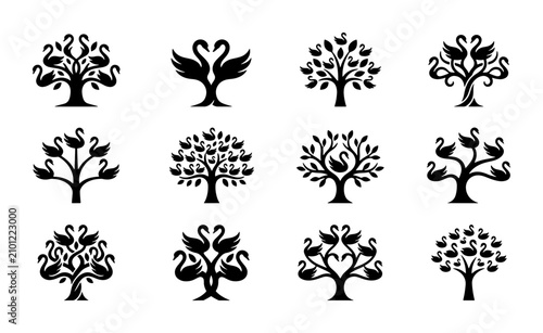 фотографія Elegant Swan Tree Icons Set, Black Silhouette Vector Graphics for Branding, Natu