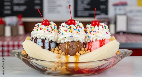 Delicious banana split dessert with whipped cream and cherries.