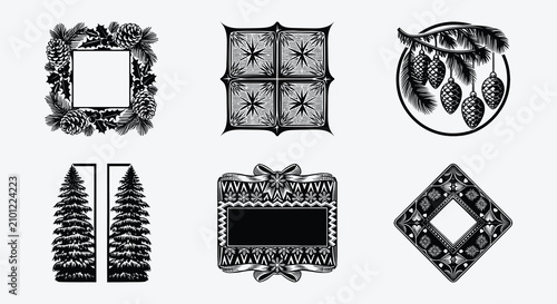 Elegant linocut Christmas cards vector illustration set. Hand drawn retro holiday elements with pinecones, winter trees, festive frames, and stars.