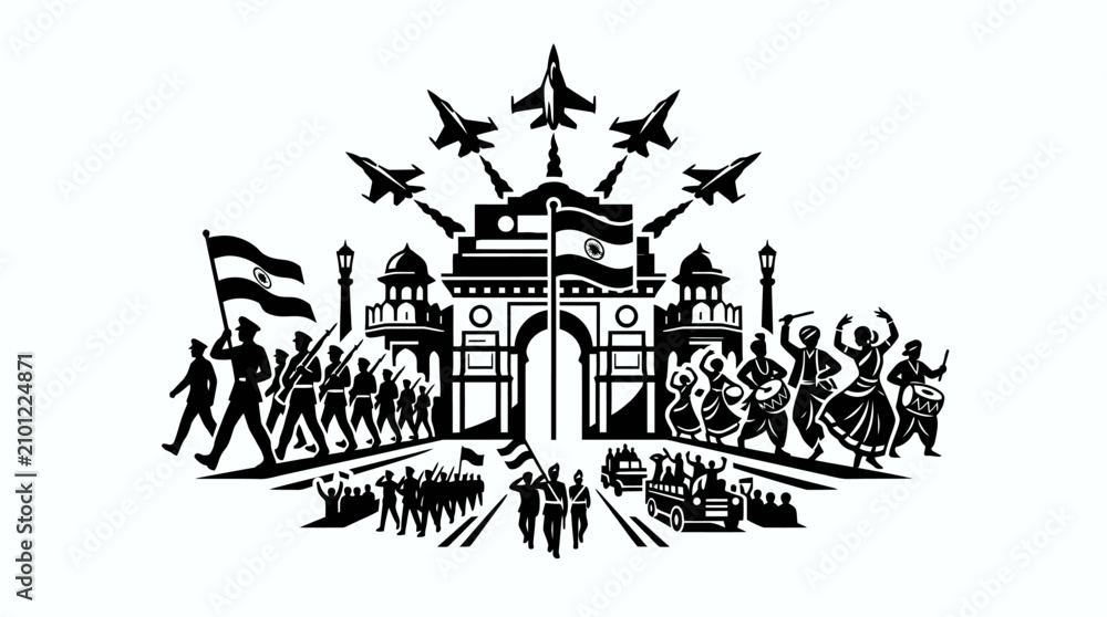Obraz premium India Republic Day Parade: Jets, Soldiers, Dancers, and Gate