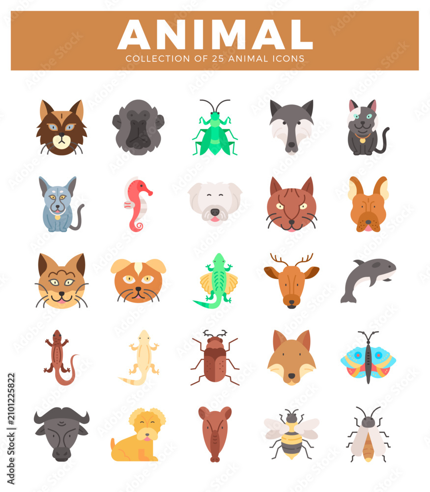 Fototapeta premium A animal icons in a grid layout against a white background. Various creatures. including mammals. insects. and marine life. are displayed. Set of 25 animal icons