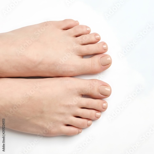 Pair of healthy, well-maintained feet with subtle nail polish on a clean white studio background, showcasing natural care