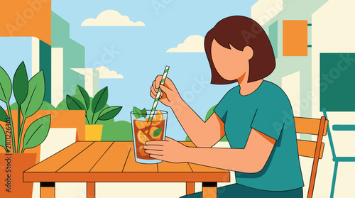Bright vector illustration of young woman at outdoor cafe table inserting eco friendly paper straw into tall glass of iced lemon drink with mint leaves refreshing summer beverage sustainable