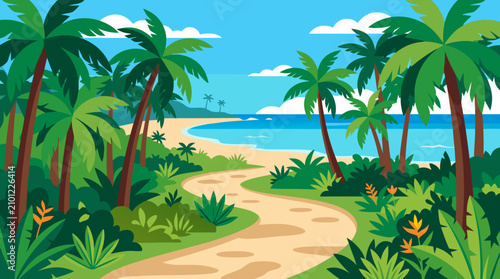 Idyllic winding sandy path through lush tropical palm trees and exotic green foliage leading directly to pristine turquoise ocean water with white sand beach under radiant blue sky perfect paradise