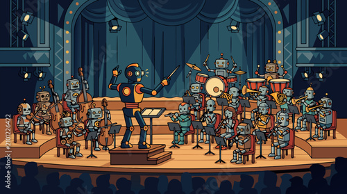 Energetic robot conductor directing a full orchestra of small automated robotic musicians performing live on illuminated theater stage with dramatic lighting spotlights and enthusiastic audience