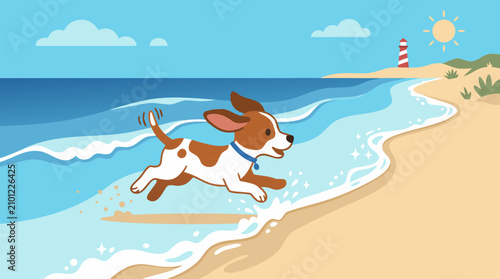 Joyful vector illustration of playful brown white puppy running happily along sunny sandy beach chasing gentle ocean waves with lighthouse in background sparkling water bright blue sky cheerful