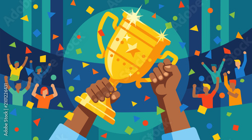 Dynamic vector illustration of diverse hands raising a sparkling golden championship trophy cup with colorful falling confetti and cheering crowd celebrating victory success and achievement in a