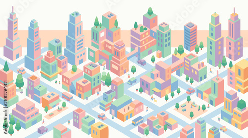 Modern pastel isometric vector illustration of abstract geometric city blocks with stacked colorful buildings trees roads and tiny people in a clean minimalist style perfect for urban design
